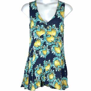 Floral Sunflower Print Sleeveless V-Neck Mini Dress by Aakaa Size L Loose Flowy